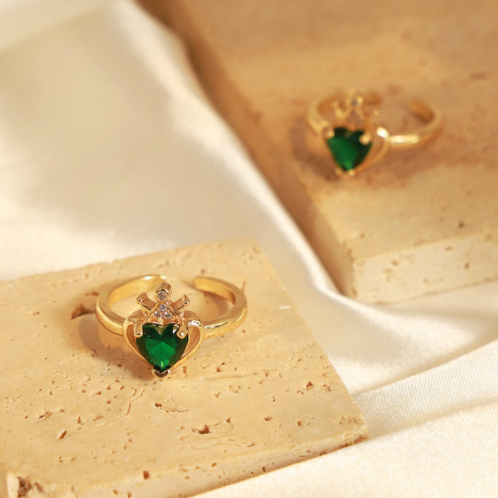 18K gold noble and atmospheric hollow love inlaid gemstone and zircon open design ring