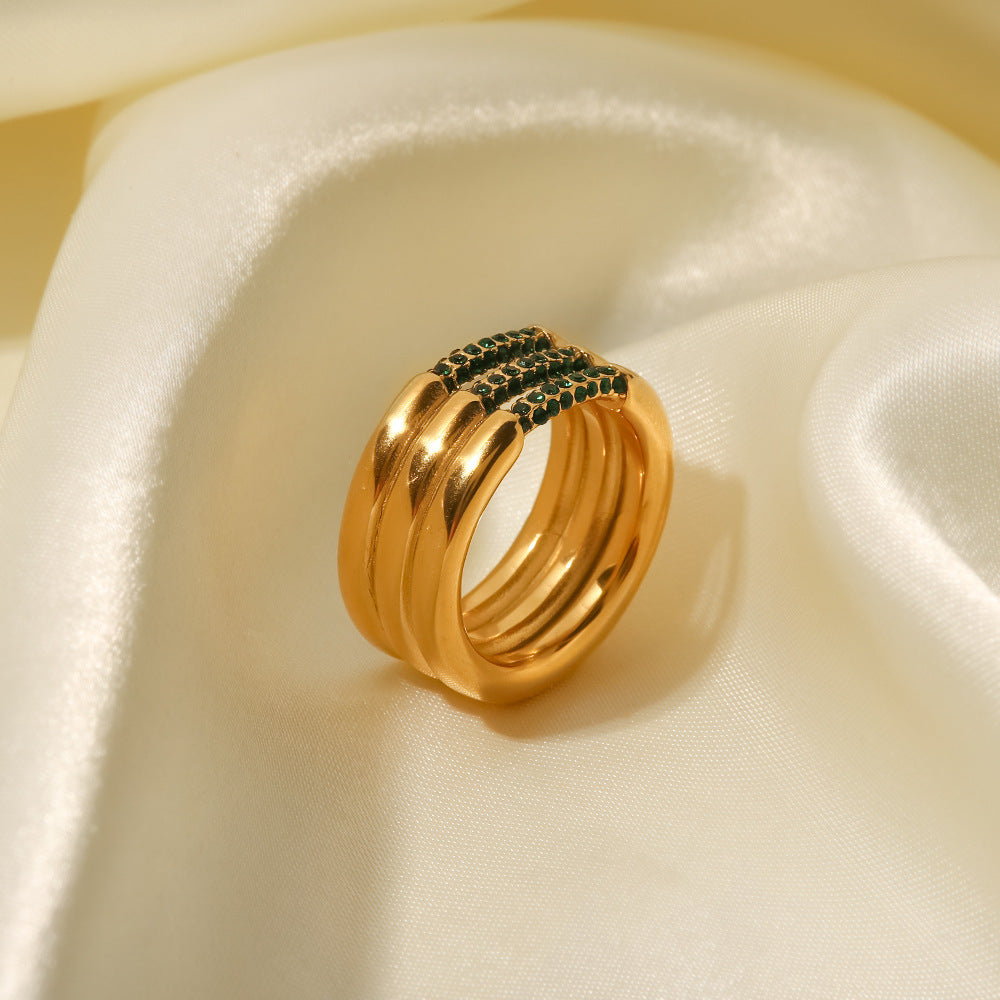 18K Gold Plated Inlaid White/Green Diamond Three-Layer Versatile Ring