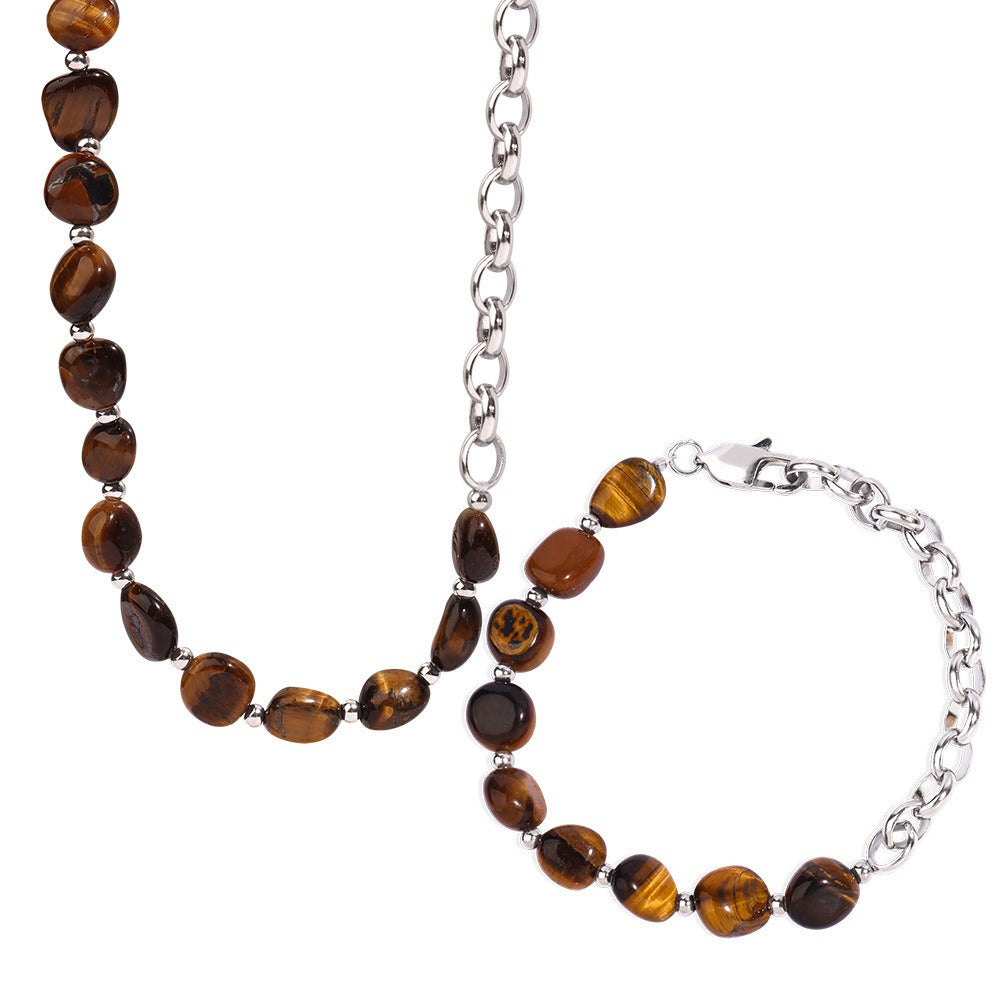 Retro fashion tiger eye stone beads with O-shaped chain design hand jewelry necklace set