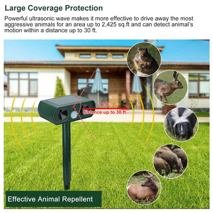 Ultrasonic Animal Repeller Solar Powered Motion Sensor Repellent IPX4 Waterproof Outdoor For Farm Garden Yard Repelling Deer Raccoon Cat Dog Rabbit Squirrel Bird